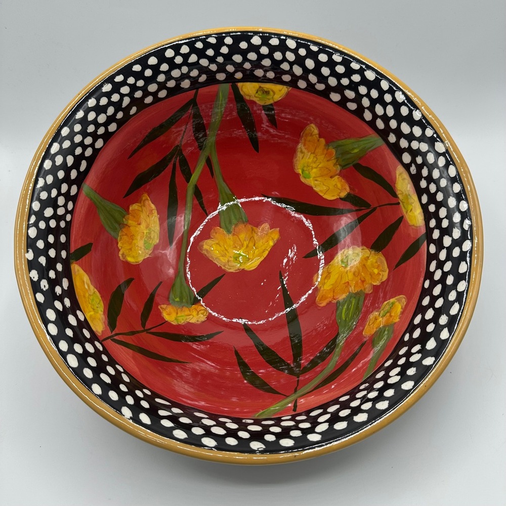 Droll Designs Hand Painted Serving Bowl Red Yellow Floral Polka Dot 11.5"